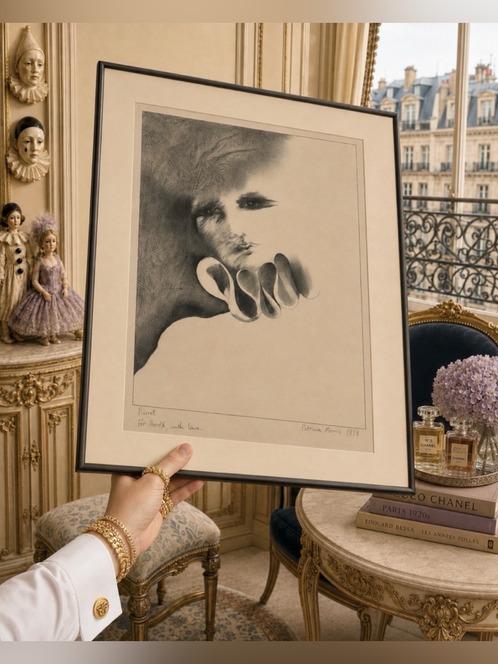 LRG Vintage 1978 Original Fine Art Sketch Pierrot Drawing Signed PATRICIA MORRIS